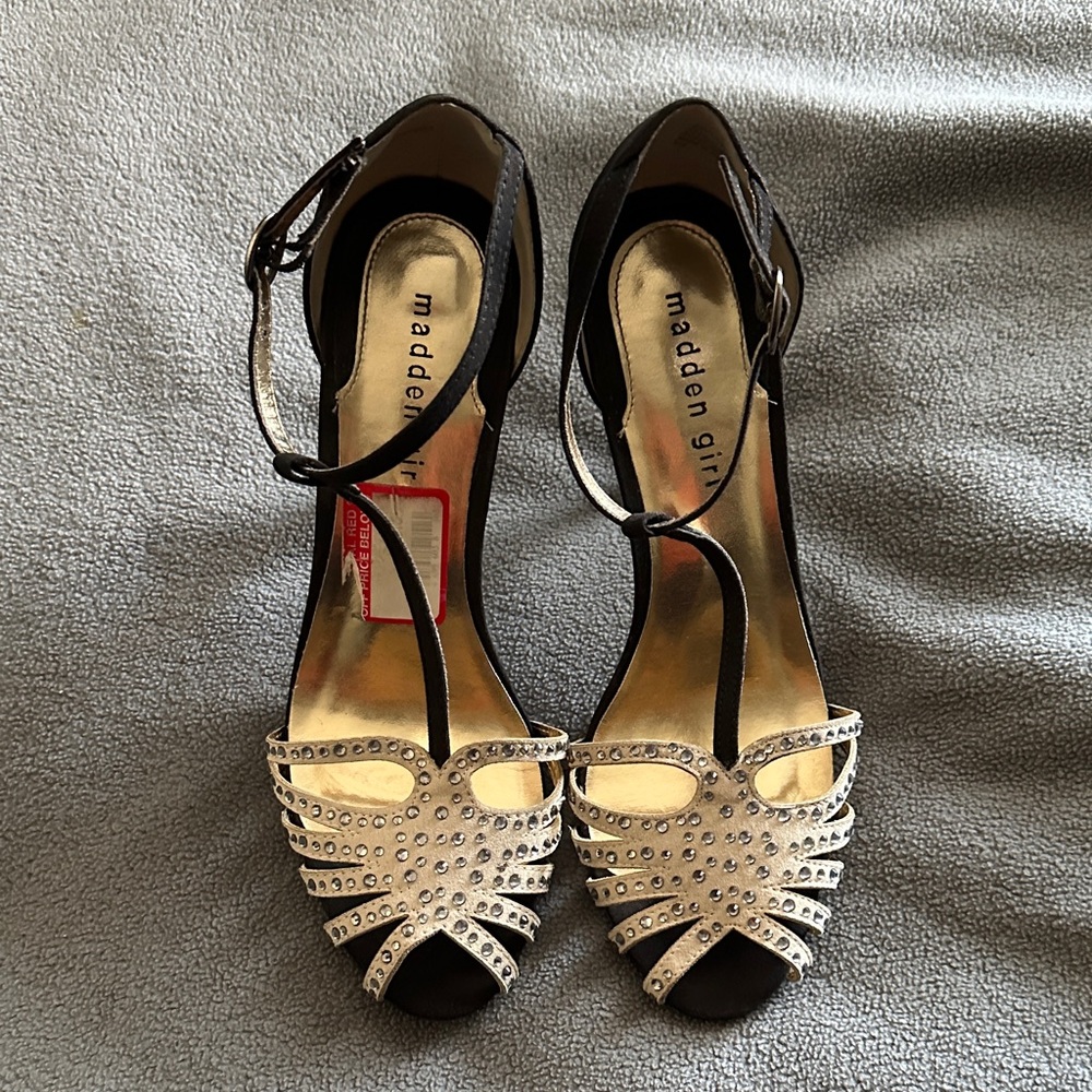 Madden Girl Silver Rhinestone T-Strap Peep Toe Heels